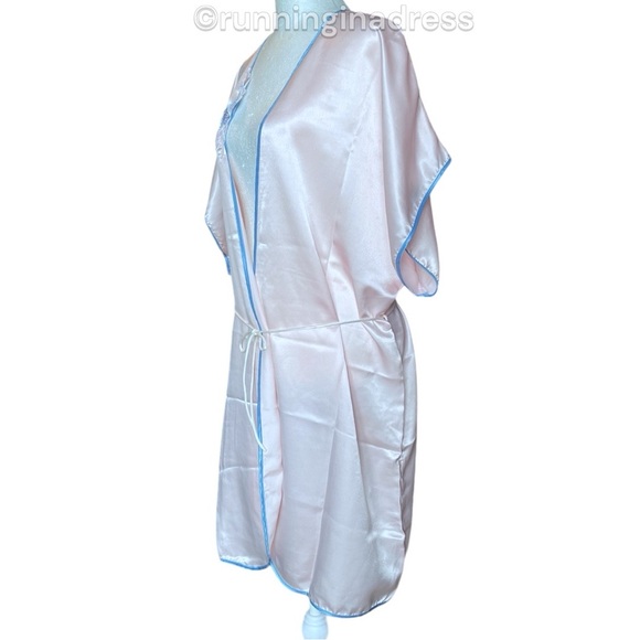 Vintage 80’s Val Mode Lingerie Pink With Blue Trim Floral Appliqué Robe Kimono - Picture 4 of 12